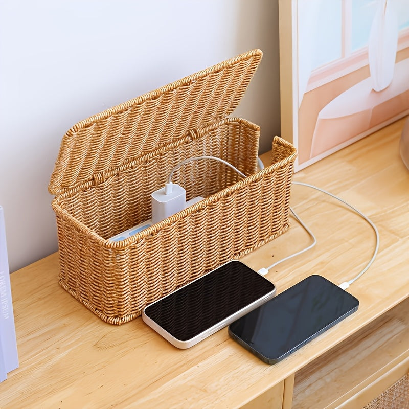 Desktop Cable Management Box with Lid & Imitation Rattan Woven Cover - Cord Suitable for Power Strips, Outlet Cover, Cable Storage Box for Home Office,, Desk - Cord Concealer for Power Strip, Data Cable Holder, Space-Saving
