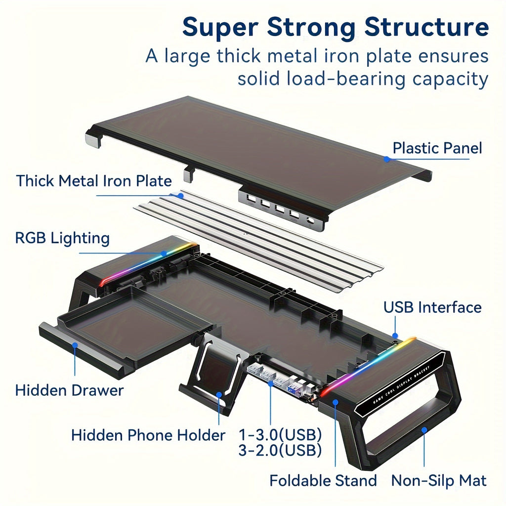 [Foldable, Adjustable] ICE COOREL Monitor Stand Suitable for Desktop And Laptop Computers, Foldable And Height Adjustable, Storage Drawer for Tablet And Smartphone Stands, RGB Lighting, Four USB Ports for File Transfer And Charging