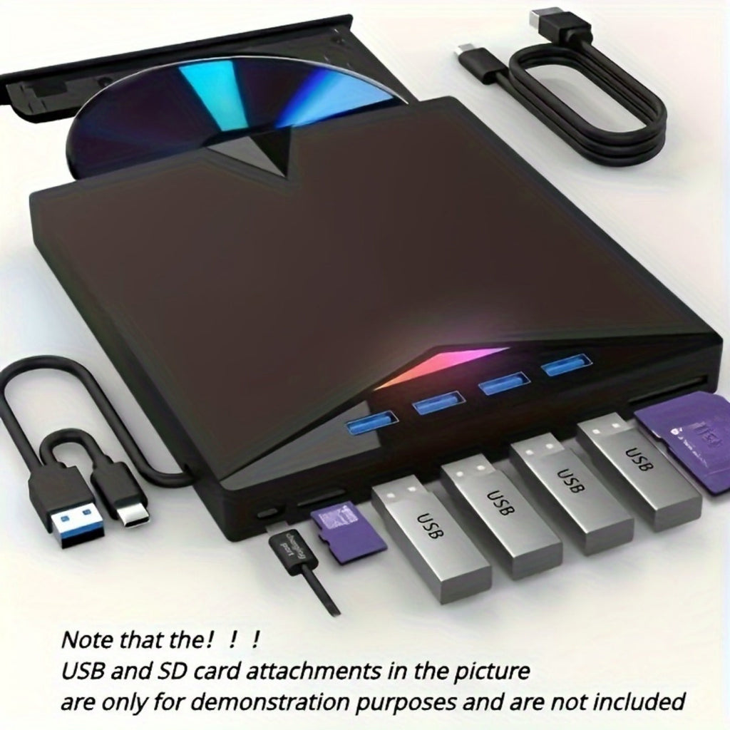 7-in-1 USB- External DVD Drive with 4 USB Ports & Dual TF/Sd Card Reader - High-Speed CD/DVD Burner Suitable for Laptops, Macs, PCs, Compatible for Windows 11/10/8/7, Linux, for, Office, Travel, USB- Operation