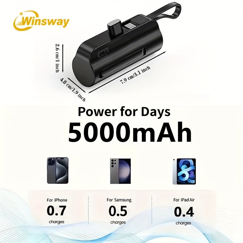 WINSWAY Dual Port 5000mAh Capsule Mini Pocket Mobile Power Bank, Portable Fast Charging Wireless Phone Holder Charger, Comes with Type-C Data Cable, Can Charge Two Phones At The Same Time, Compatible with Android, Samsung And Other Devices, Suitable