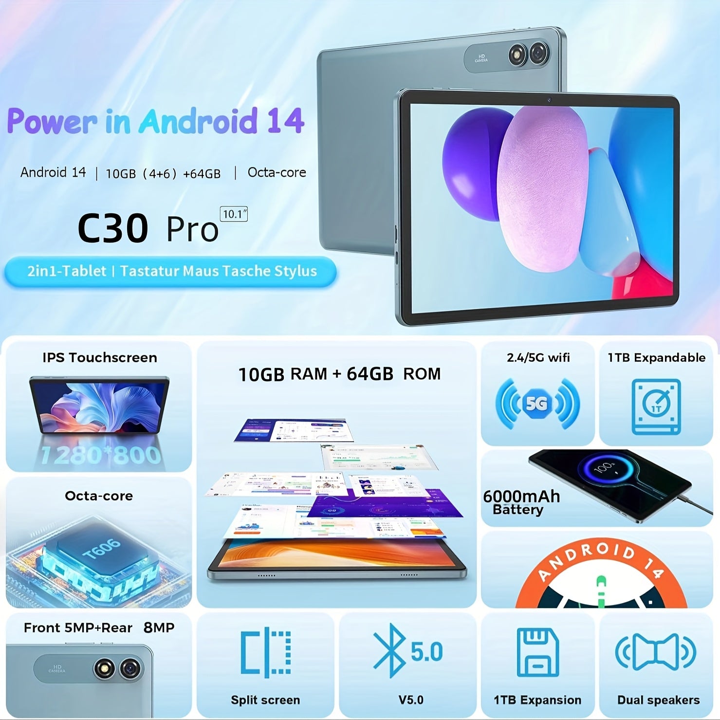 [Latest Android 14 Tablet] 2024 Latest Android 14 Tablet | 10-inch Octa-Core Tablet with 10GB (4+6) RAM, 64GB ROM, 1TB TF Expansion, Case, Powerless Stylus, Keyboard, 5G Dual-Band WIFI, 5MP+8MP Camera