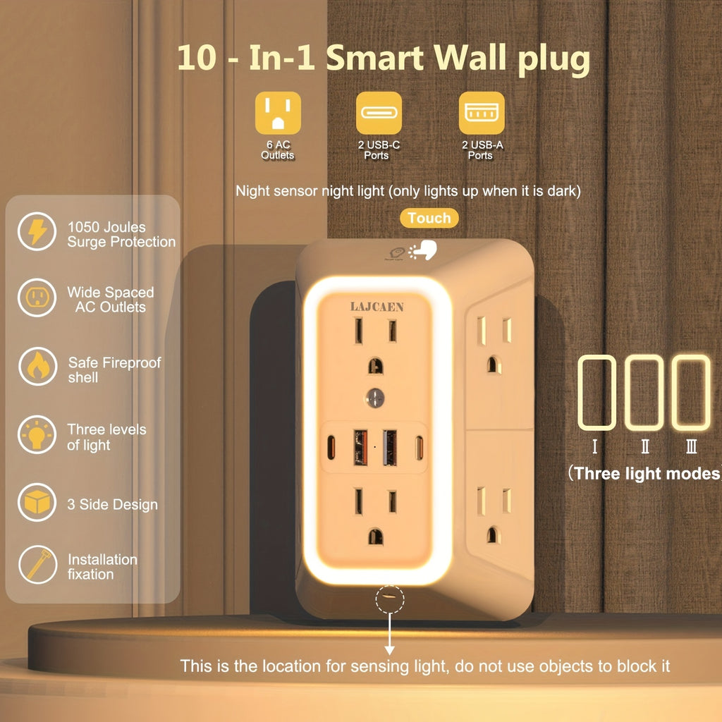 10-in-1 USB Wall Charger, Multi-Plug Wall Outlet Surge Protector, 6-Outlet AC Extender with 4 USB Charging Ports, 3-Sided 1050J Power Strip Multi-Plug Adapter for Home, Travel, Office (2A/2C), Total USB Output: 5V/3.1A, Multi-Plug Outlet for College