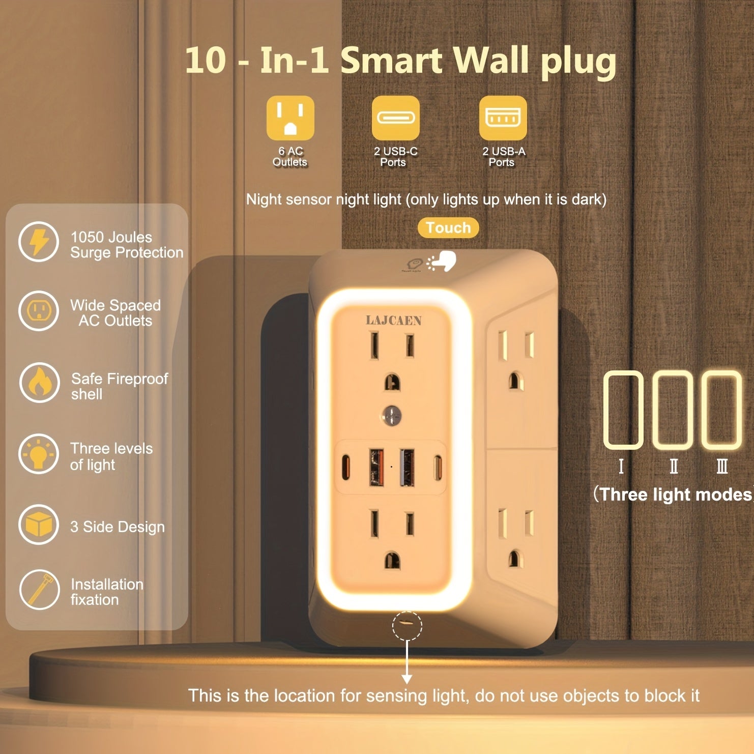 10-in-1 USB Wall Charger, Multi-Plug Wall Outlet Surge Protector, 6-Outlet AC Extender with 4 USB Charging Ports, 3-Sided 1050J Power Strip Multi-Plug Adapter for Home, Travel, Office (2A/2C), Total USB Output: 5V/3.1A, Multi-Plug Outlet for College