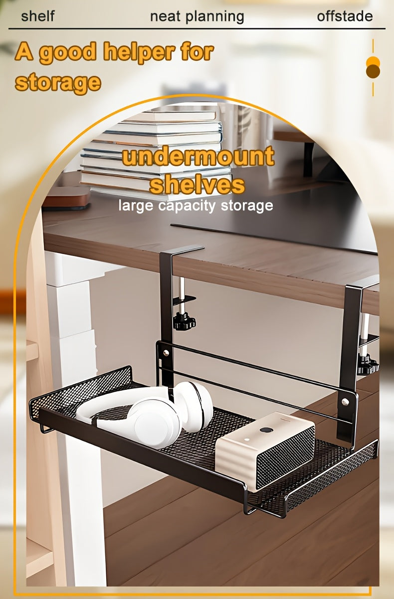 [No Drill Cable Tray] Upgraded No Drill No Screws Under Desk Cable Management Tray with Clamp | Wire Organizers, Computer Cord Rack for Office, Home - No Damage to Desk, Black