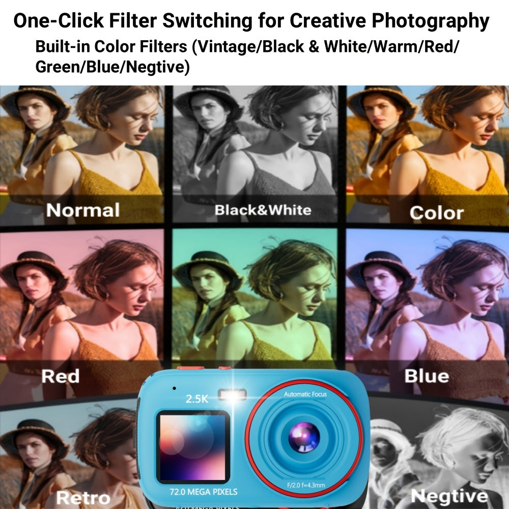 Digital Camera, Vlogging Camera, 72MP 2.5K Compact, 16X Zoom, Auto Focus - Vintage CCD Camera with 32GB Card - Ideal Retro Gift for Teens, Begginers