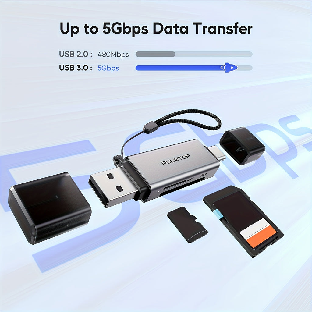 PUWLTOP USB 3.0 SD Reader, Dual Slots USB 3.0 Type C To Micro SD Card Adapter For SD/Micro SD/SDHC/SDXC/MMC [card Not Included], No Driver Needed, Plug And Play
