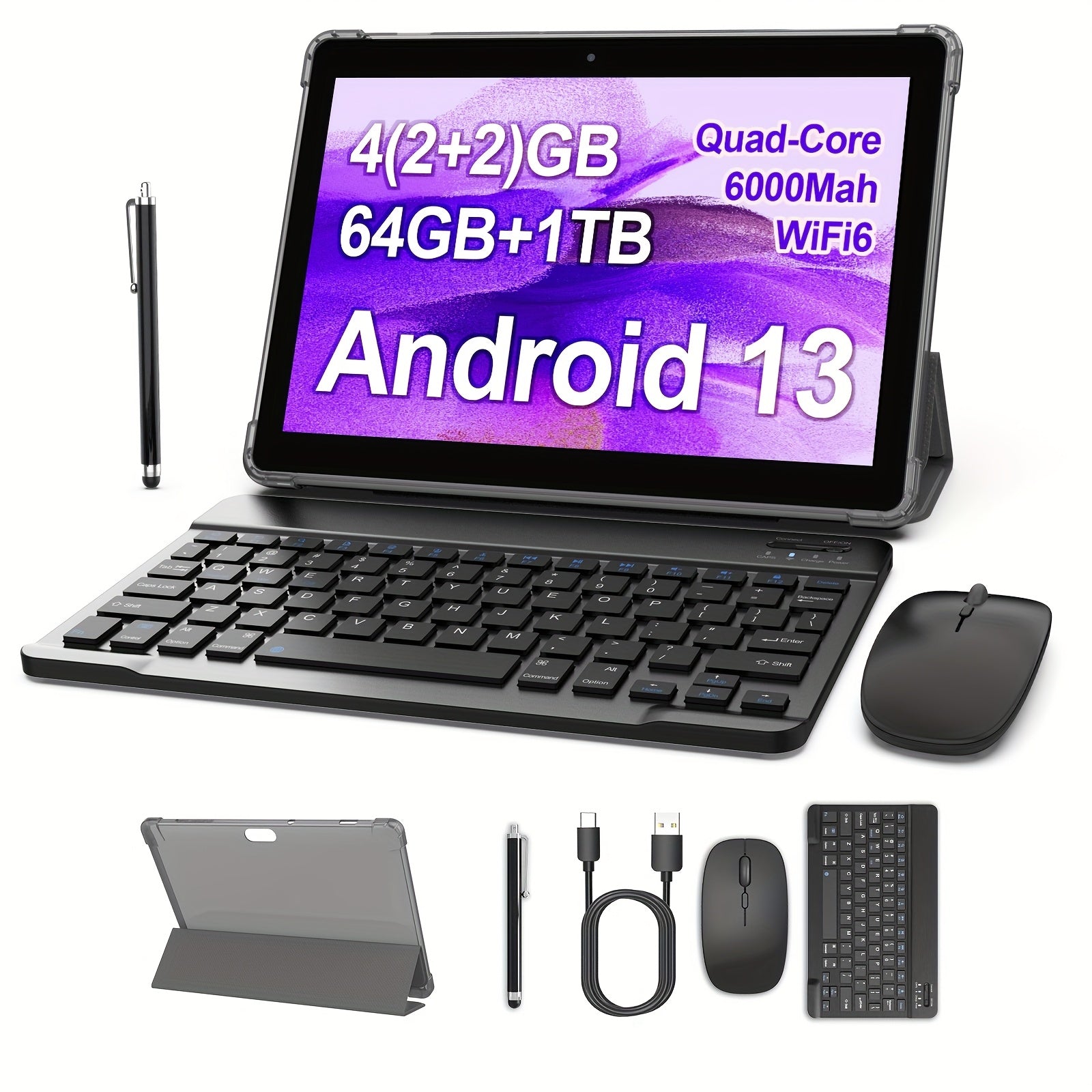 2 In 1 Tablet With Optional Keyboard Case Mouse Stylus, Quad-Core CPU 10 Inch Tablet Android 13 Tablets/Android 14 Tablets, 4(2+2)GB RAM+64GB ROM/ 6(2+4)GB RAM+64GB ROM, 1TB TF Expandable Tableta, 6000mAh Battery, 2MP+8MP Dual Camera, WiFi 1280*800