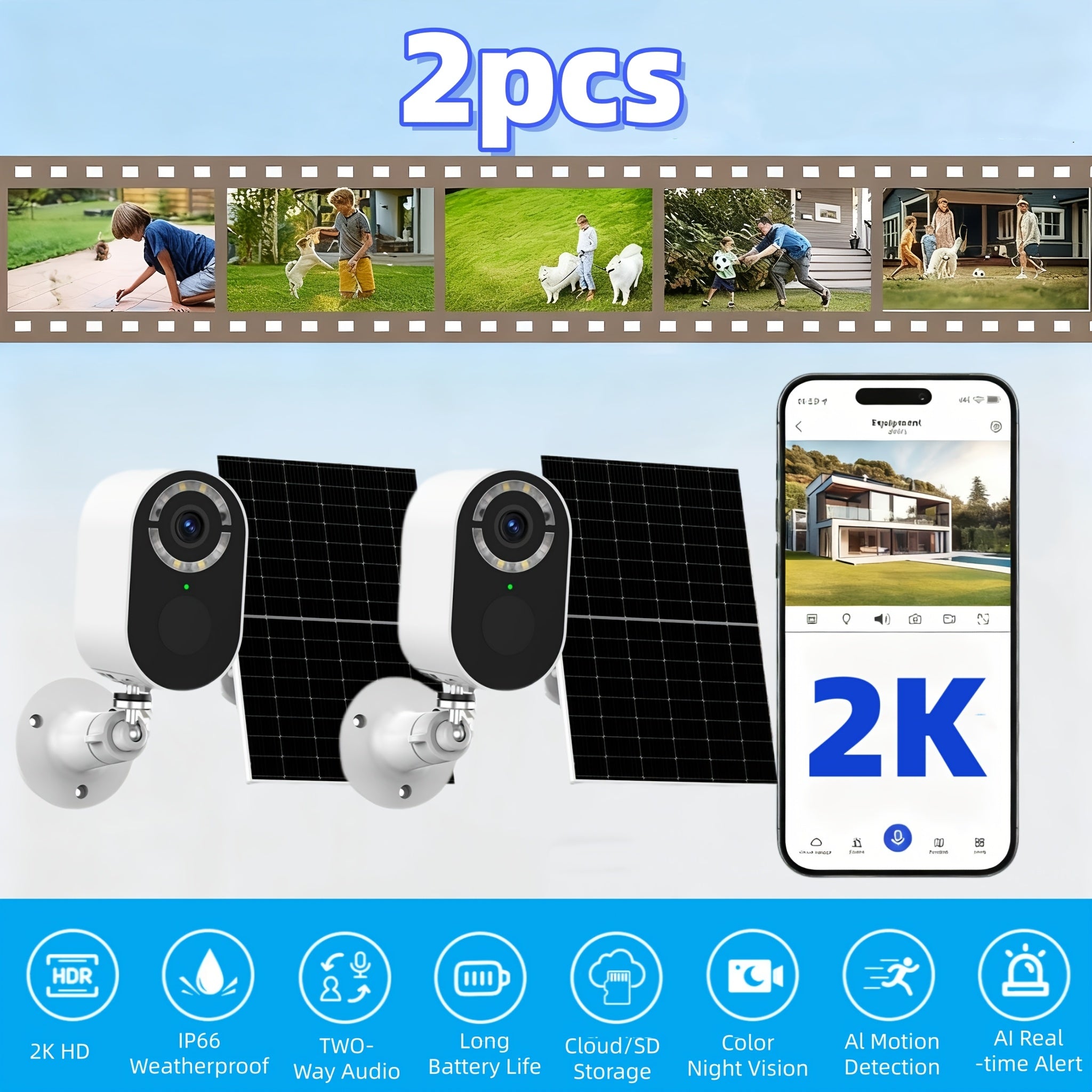 Outdoor Solar-powered Surveillance Camera, 2K High-definition Indoor/outdoor Low-power Monitoring, Waterproof, Pet/baby Surveillance Camera, 2.4G Wi-Fi, Two-way Voice Call, Human Figure Alarm Function, Color Night Vision
