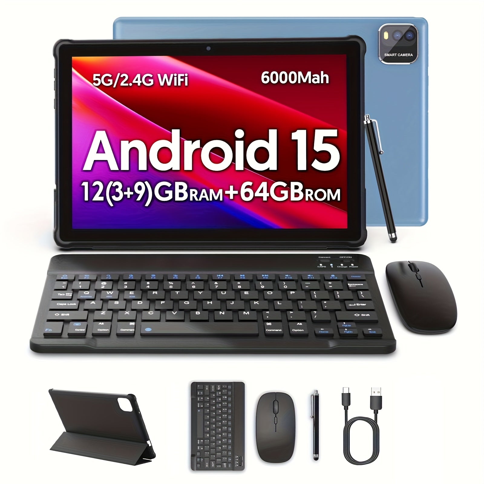 [Android 15 Tablet] Tablet Android 15 Tablets With 64GB ROM+12(3+9)GB RAM, 1TB Expand 2in 1 10 Inch Tablet With Optional Keyboard, Mouse, Case, Stylus, Pen, Powerful Quad-Core, WiFi, 6000mAh, 2MP+8MP Dual Camera, 1280 * 800 FHD IPS Screen, Three Optional