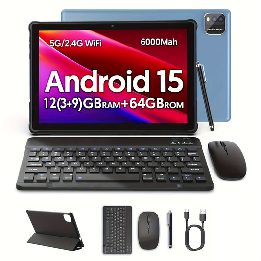 [Android 15 Tablet] Tablet Android 15 Tablets With 64GB ROM+12(3+9)GB RAM, 1TB Expand 2in 1 10 Inch Tablet With Optional Keyboard, Mouse, Case, Stylus, Pen, Powerful Quad-Core, WiFi, 6000mAh, 2MP+8MP Dual Camera, 1280 * 800 FHD IPS Screen, Three Optional