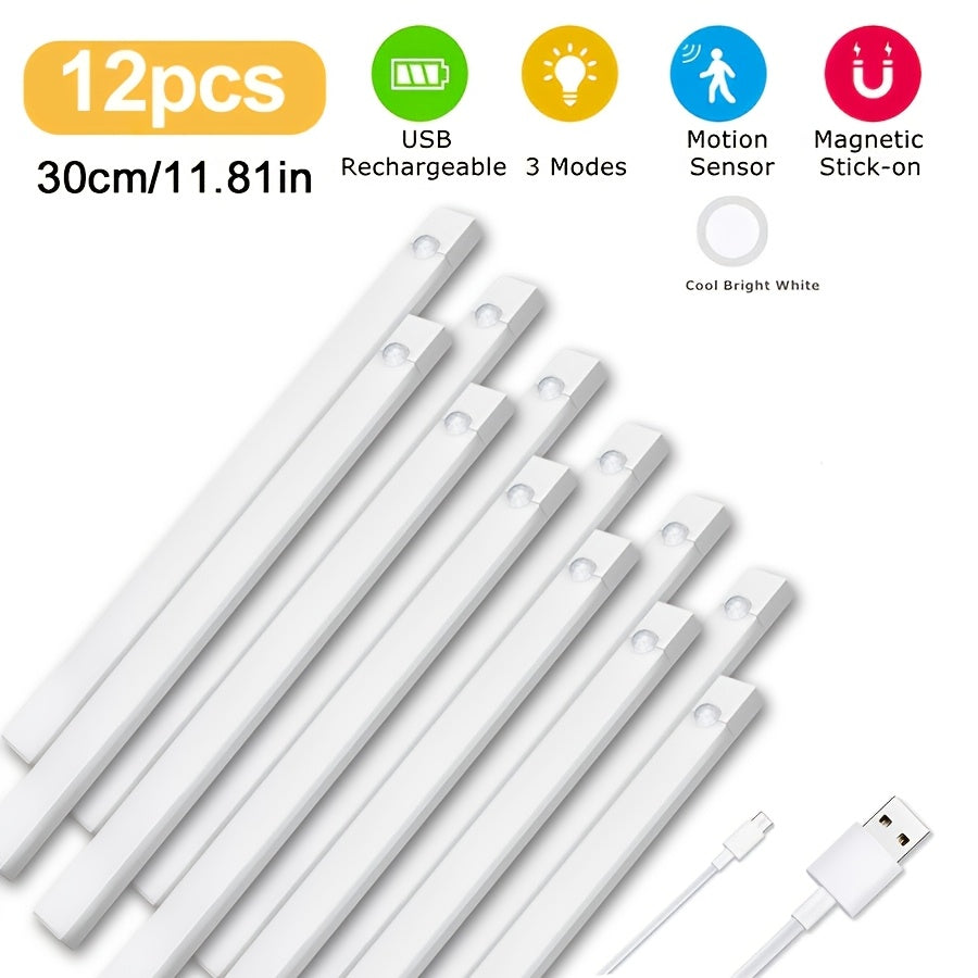[USB Rechargeable] 12 Motion Sensor Cabinet Lights, USB Rechargeable Wireless Magnetic Cabinet Lights, 3 Modes Suitable For Wardrobes, Kitchens, Stairs, Bedrooms