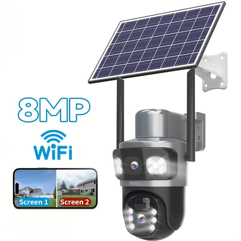 8MP Solar Cameras Security Wireless Outdoor, Battery Powered 2.G WiFi Surveillance Camera for Home CCTV Monitor with 8X Digital Zoom, Color Night Vision, Spotlight Siren, PIR Motion, Outdoor Use, Two-Way Audio for Eseecloud APP Without TF Card