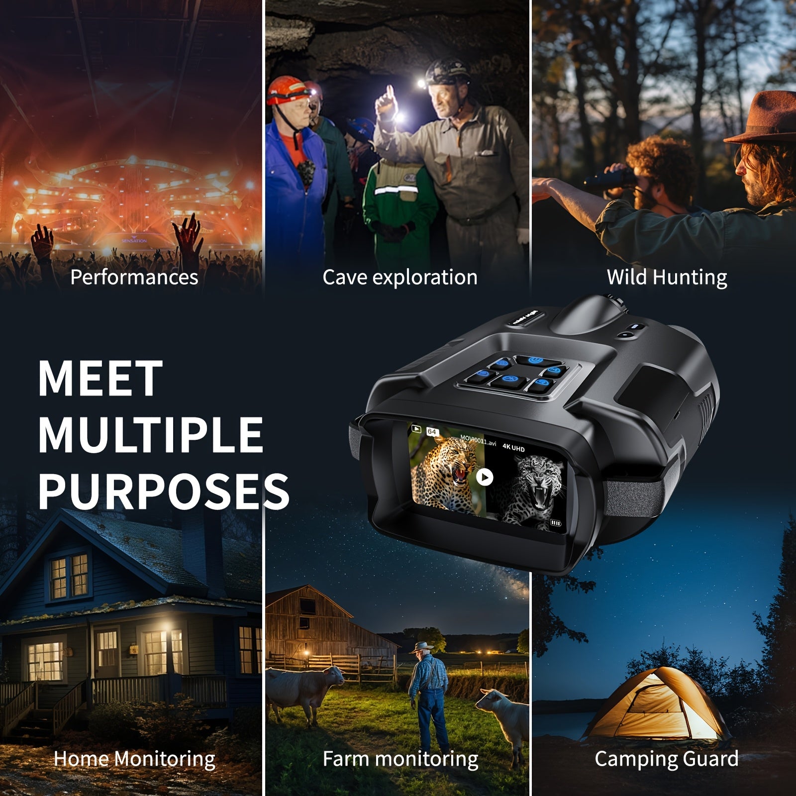 4K Digital Infrared Night Vision Binoculars, 5000mAh High-capacity Lithium-ion Battery, 3-inch Ultra-high-definition Display, Backlit Buttons, 8x Digital Zoom, 5x Optical Zoom, 64GB Memory Card with Tactical Illuminated Fill-in Light, for Hunting