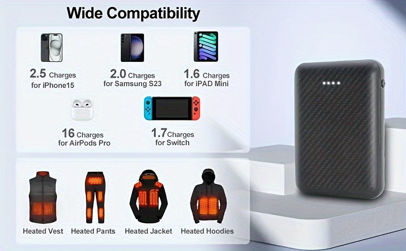 [Portable Fast Charging] 20000Mah Power Bank Portable Charger 5V 3A Fast Charging Battery For Heating Vest Jacket Scarf Socks Gloves