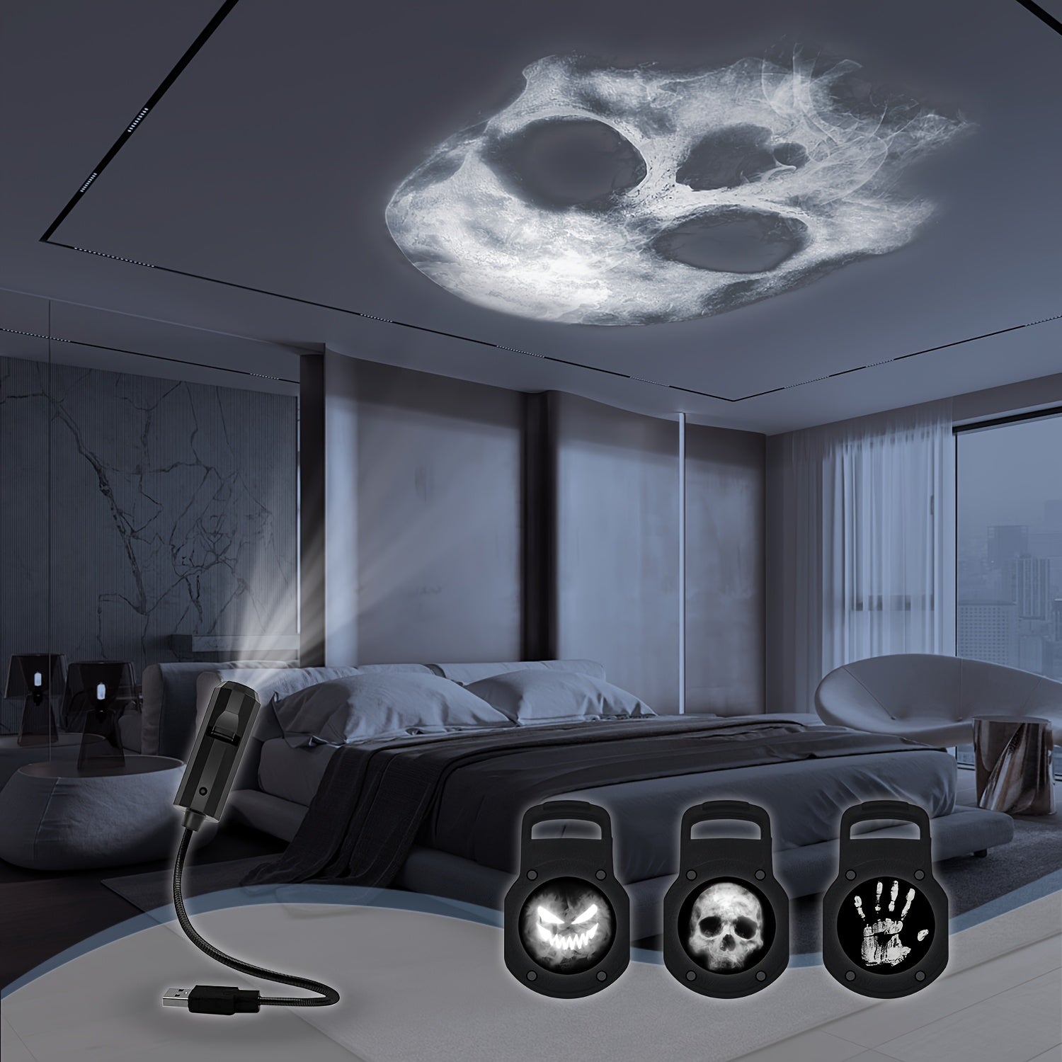USB-Powered Skull & Palm Print LED Night Light - 360° Rotatable, Touch-Controlled Lamp with Interchangeable Faces for Bedroom, Living Room, Ceiling Decor - Ideal Halloween Atmosphere Maker, Halloween Decor