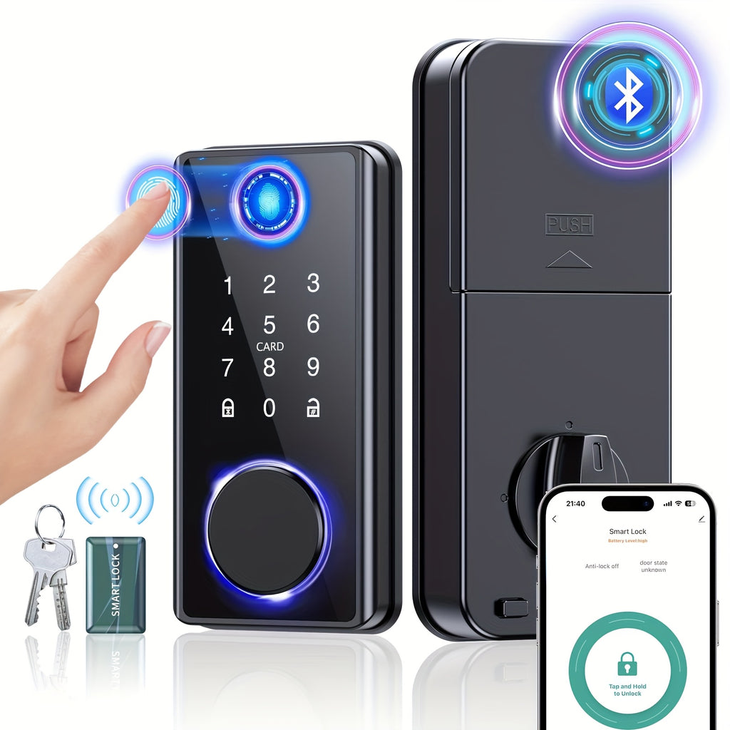 Smart Door Lock - Fingerprint Door Lock - Keyless Entry Door Lock - 5-in-1 Smart Door Lock (100 Fingerprints/IC Card/Passcode/APP/Key), Easy Installation, Home Security, Suitable for Home Entrances/Hotels/Apartments.