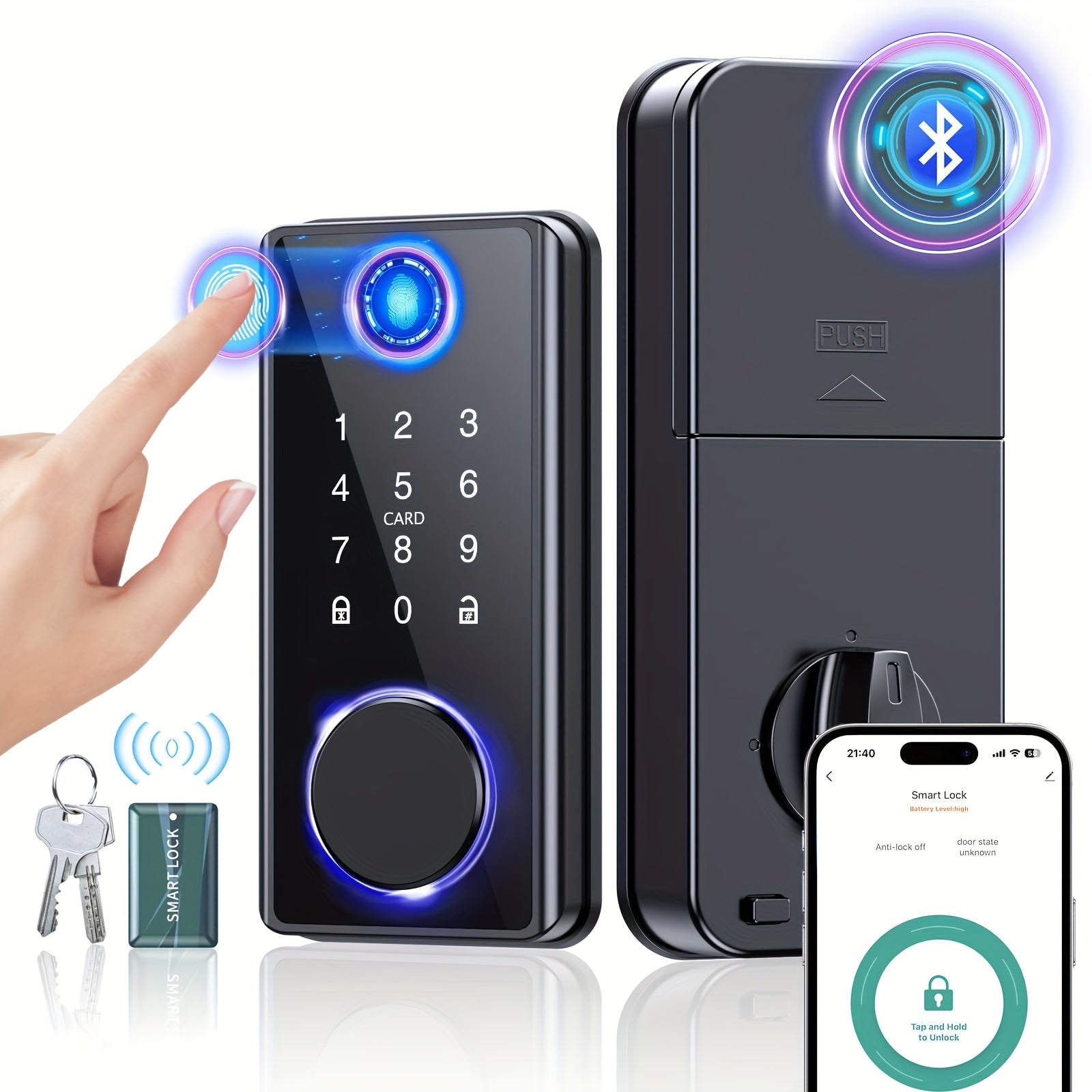 Smart Door Lock - Fingerprint Door Lock - Keyless Entry Door Lock - 5-in-1 Smart Door Lock (100 Fingerprints/IC Card/Passcode/APP/Key), Easy Installation, Home Security, Suitable for Home Entrances/Hotels/Apartments.