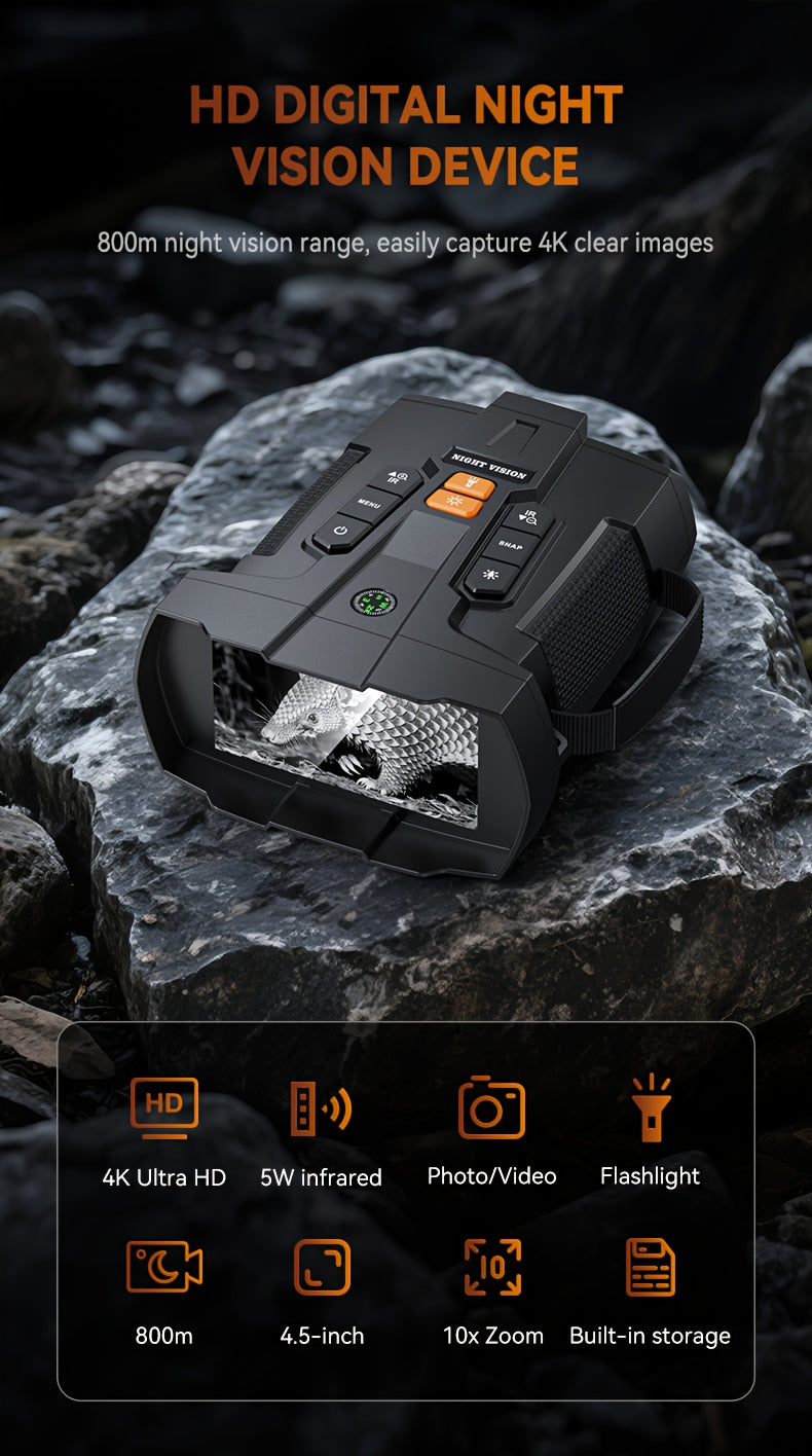INSKAM 4K Ultra HD Night Vision Binoculars with 4.5” Large Screen & 10X Digital Zoom - Night Vision with 5000mAh Battery- for Night Observation, Compatible for Camping, Hunting, Security - USB Charging, Ideal for s &