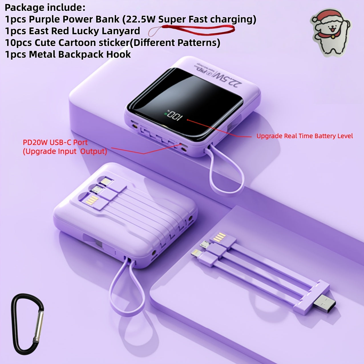 10000mAh This Mini Portable Power Bank Features A With A Built-in 4-in-1 Multifunction Cable. Supporting 5W Slow Charging/15W Fast Charging/22.5W Super Fast Charging, Perfect For Travel Business Keeping Your Devices Powered Anytime