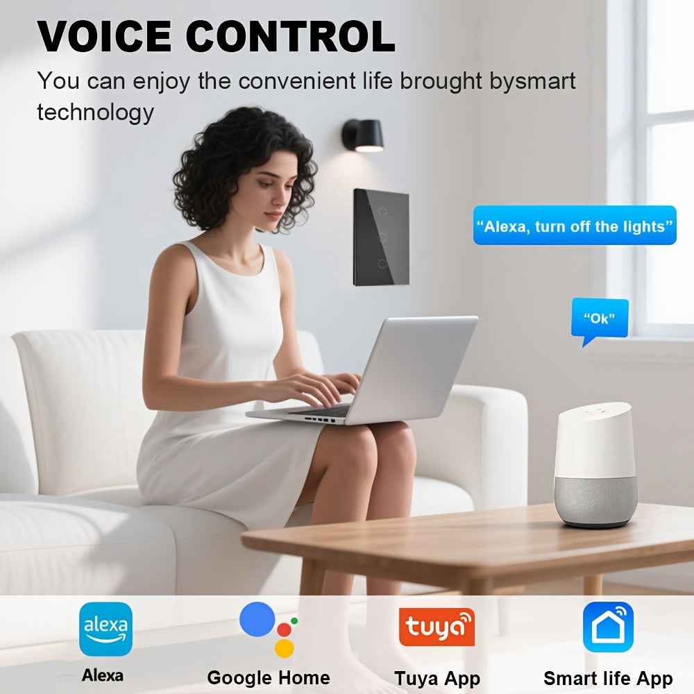 Black Smart Switches for Lights/US Standard Supports Mobile APP Control Alexa Google Voice ControlTempered Glass Panel 1/2/3/4 Channels 100-240V 50Hz/60Hz Requires Neutral Wire Connection