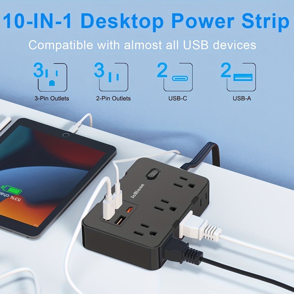 10in 1 Flat Plug Surge Protector Power Strip, 5ft Ultra Thin Extension Cord with 6 AC Outlets & 4 USB Wall Charger (2 USB C), USB Total Output:5V/3.1A, Compact for Charging Station Wall Mount for Office,Dorm, Black/White