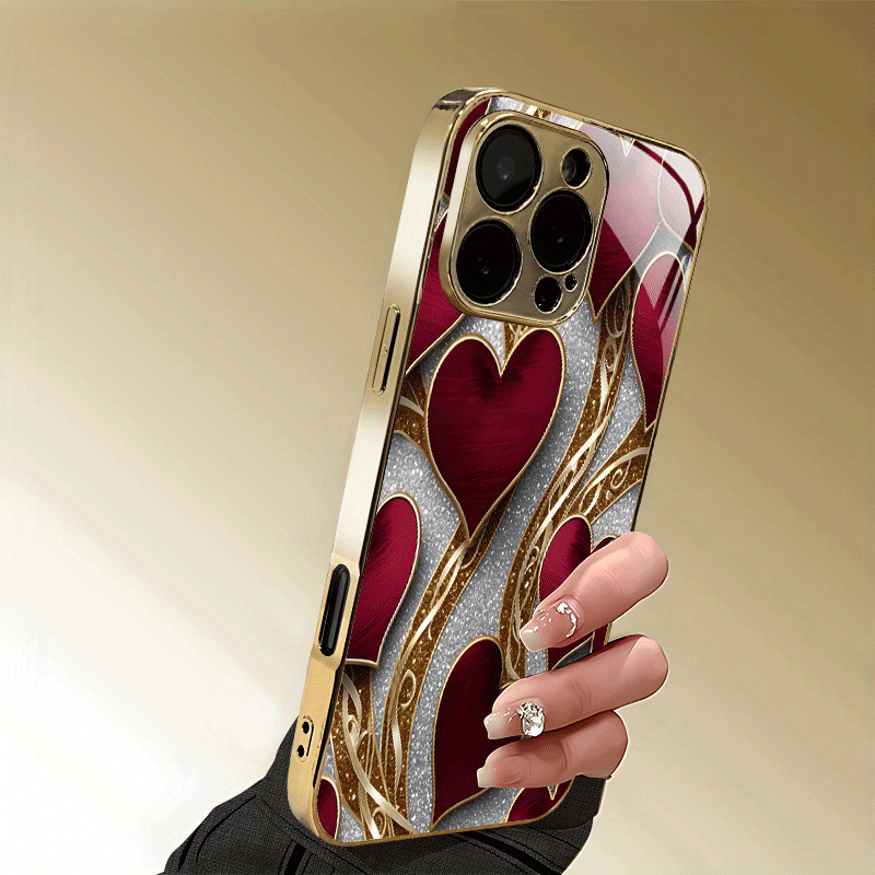 Phone Case - Mobile Cover: Luxurious Red And Golden Heart Design, Stylish And Innovative Look, Chic Instagram Aesthetic, Lightweight, Cutting-Edge, Compatible with for Iphone 16, 15 Pro, 15 Pro Max, 14 Plus, 13, 12