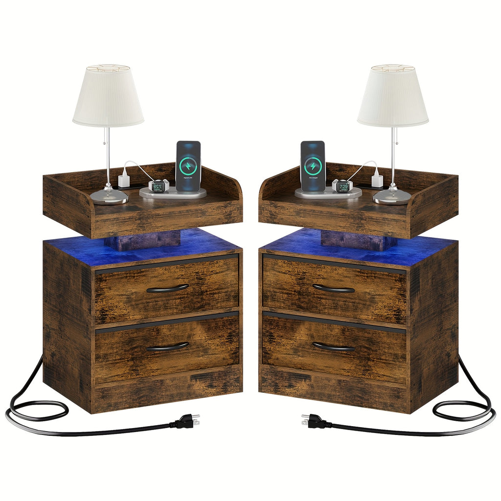 Modern LED Bedside Table with Charging Station, Wooden Bedside Table with Fabric Drawers And Blue LED Lighting, Stylish Bedroom Or Living Room End Table, Ambient Lighting Furniture with Fashionable Design And Multifunctional Drawer Design Gifts.
