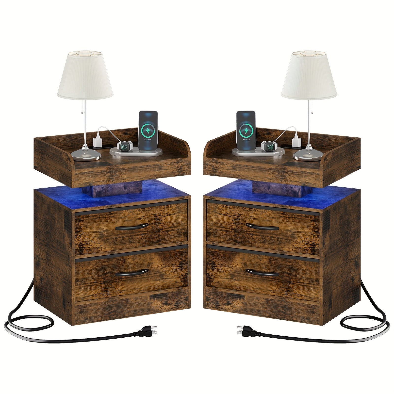 Modern LED Bedside Table with Charging Station, Wooden Bedside Table with Fabric Drawers And Blue LED Lighting, Stylish Bedroom Or Living Room End Table, Ambient Lighting Furniture with Fashionable Design And Multifunctional Drawer Design Gifts.