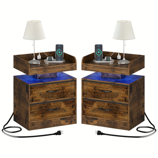 Modern LED Bedside Table with Charging Station, Wooden Bedside Table with Fabric Drawers And Blue LED Lighting, Stylish Bedroom Or Living Room End Table, Ambient Lighting Furniture with Fashionable Design And Multifunctional Drawer Design Gifts.