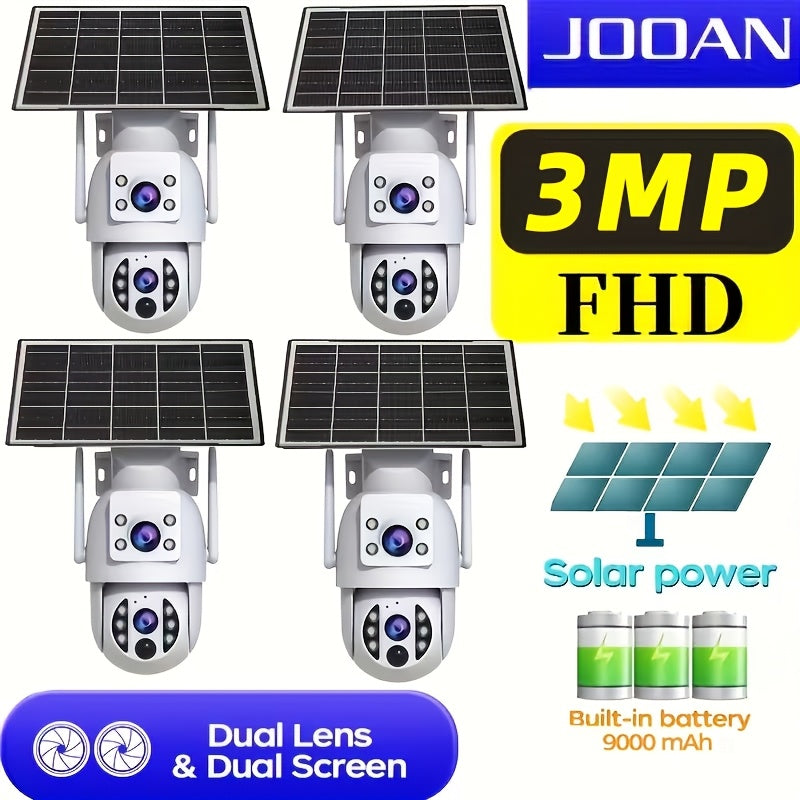 JOOAN Solar-Powered Outdoor Surveillance Camera Featuring 360° PTZ View, Dual Lenses & Display, 1296P HD Quality, Two-Way Communication, Motion Detection Alert, Color Night Vision, Rechargeable Battery, Wall Mounting, Wifi/Sd Storage