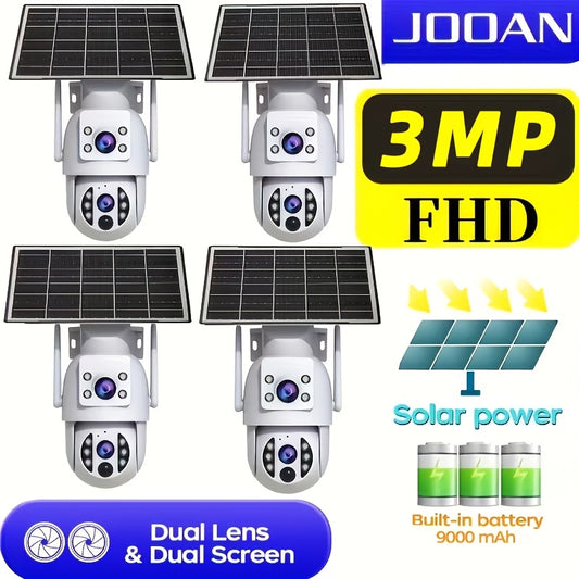 JOOAN Solar-Powered Outdoor Surveillance Camera Featuring 360° PTZ View, Dual Lenses & Display, 1296P HD Quality, Two-Way Communication, Motion Detection Alert, Color Night Vision, Rechargeable Battery, Wall Mounting, Wifi/Sd Storage