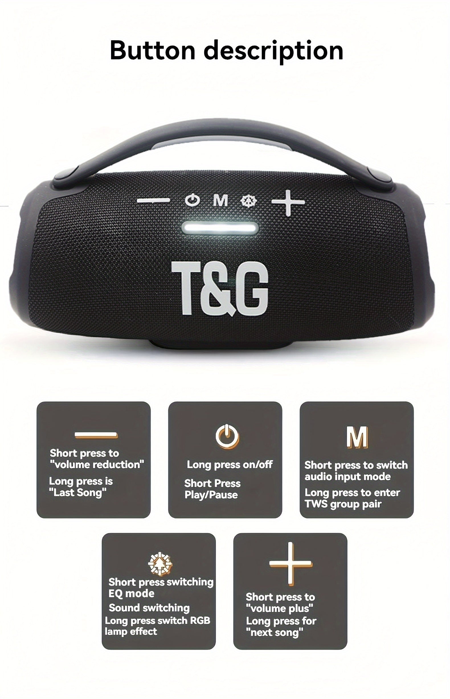 TG418 Wireless Speaker, Featuring Type-C, a 3000Mah Battery, And Compatibility with TF Cards, USB, And AUX. It Works with Mobile Devices, Tablets, And Computers, Delivering Loud Sound with LED Lights And Flashing Effects, Equipped with EQ Settings