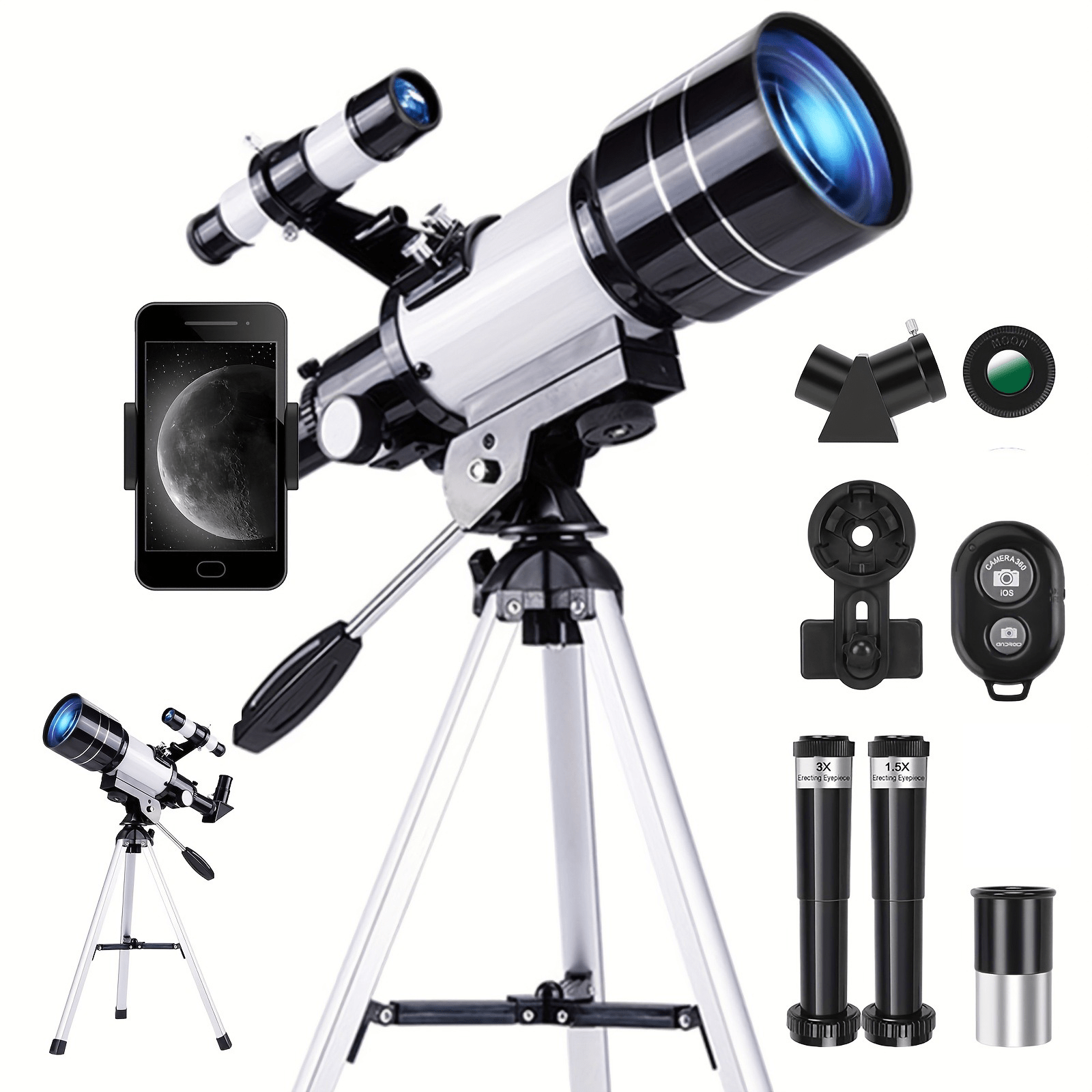 150X telescope, 70mm aperture telescope, suitable for adults, portable astronomical telescope, with tripod phone holder, eyepiece, Barlow lens, perfect for big viewing nature, education, and exploration. It is the best Christmas gift for family members an