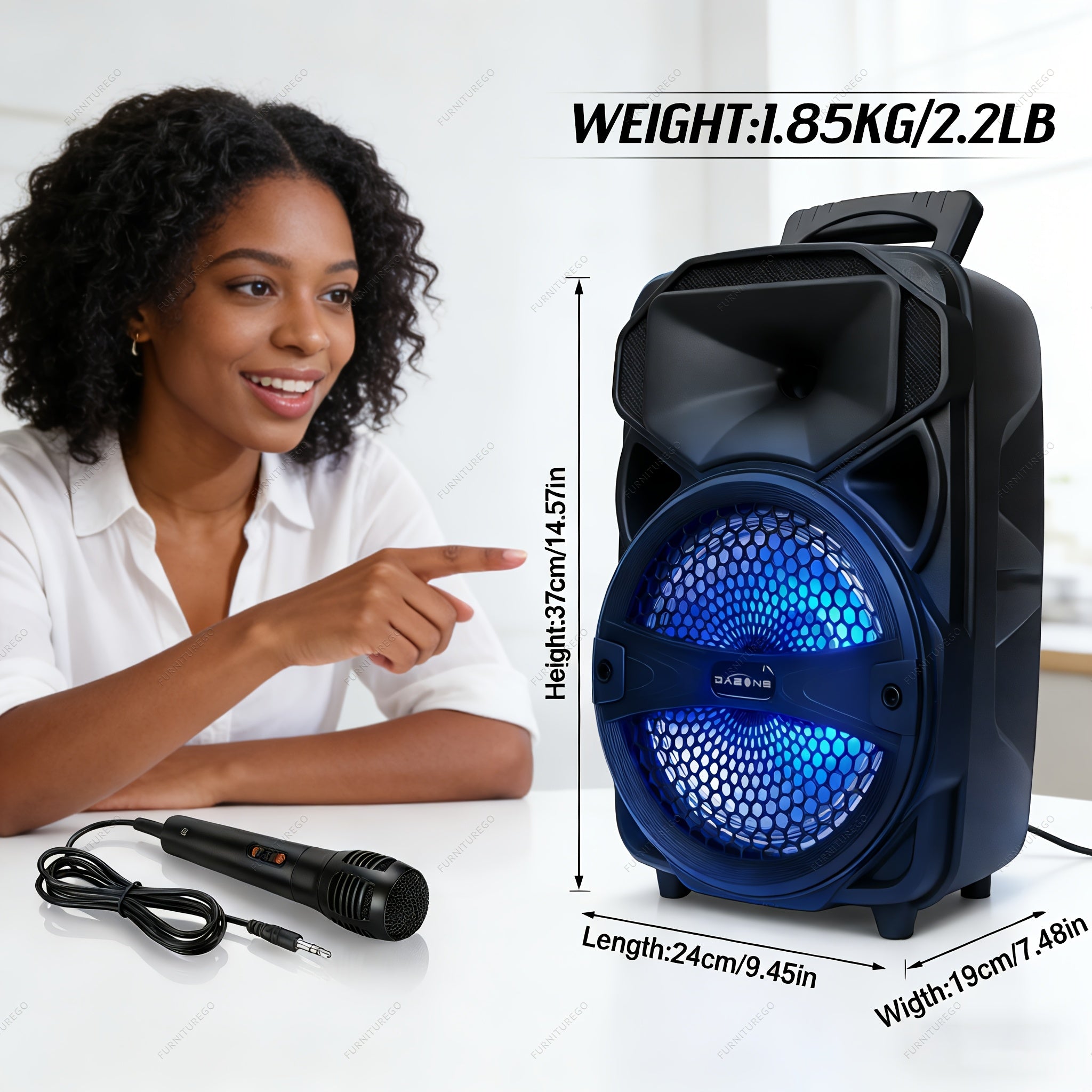 1000W Portable Wireless Party Speakers Loud Sound System with Subwoofer, Bass, 8-inch Speaker Karaoke Machine, FM Radio, EQ Mode, Strobe Lights with Wire Microphone, Remote Controls