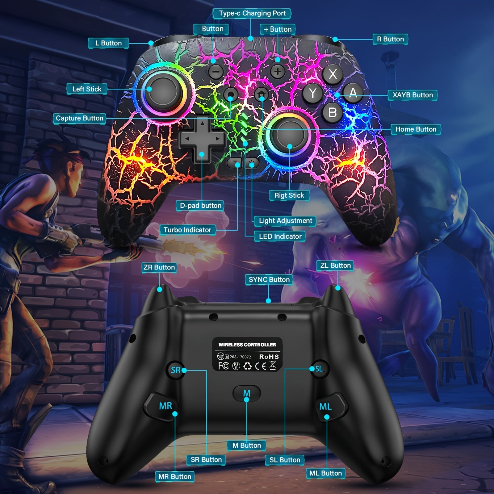 [Rechargeable RGB Gamepad] Wireless Pro Controller Compatible With Nintendo For Switch/ For Switch 2/ For Switch Lite/ For Switch OLED, Cool RGB For Switch Pro Controller, Rechargeable For Switch Remote Gamepad With 6-Axis Gyro, 10 RGB Lights