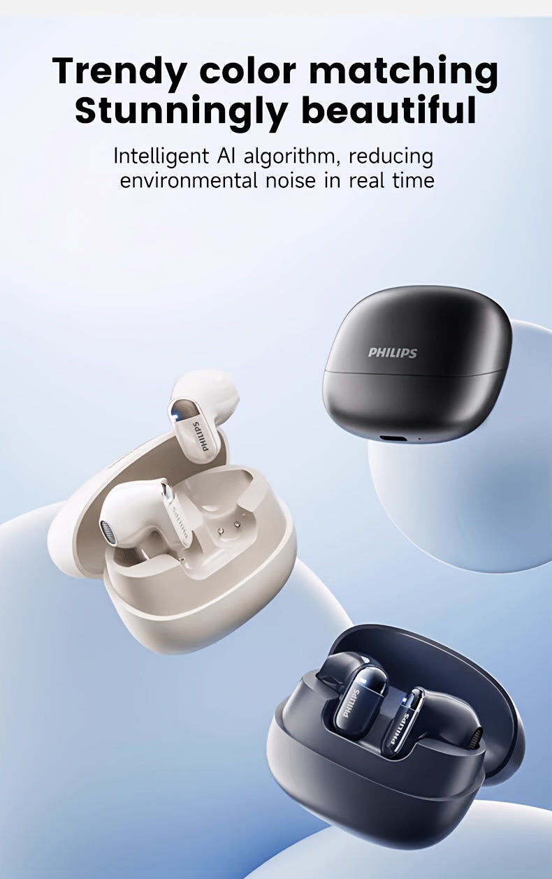 Philips True Wireless Earbuds with LED Power Display - Stereo In-Ear Headphones, Microphone for Calls, Large Capacity Charging Case, Extended Design for All Smartphones, TAT2169