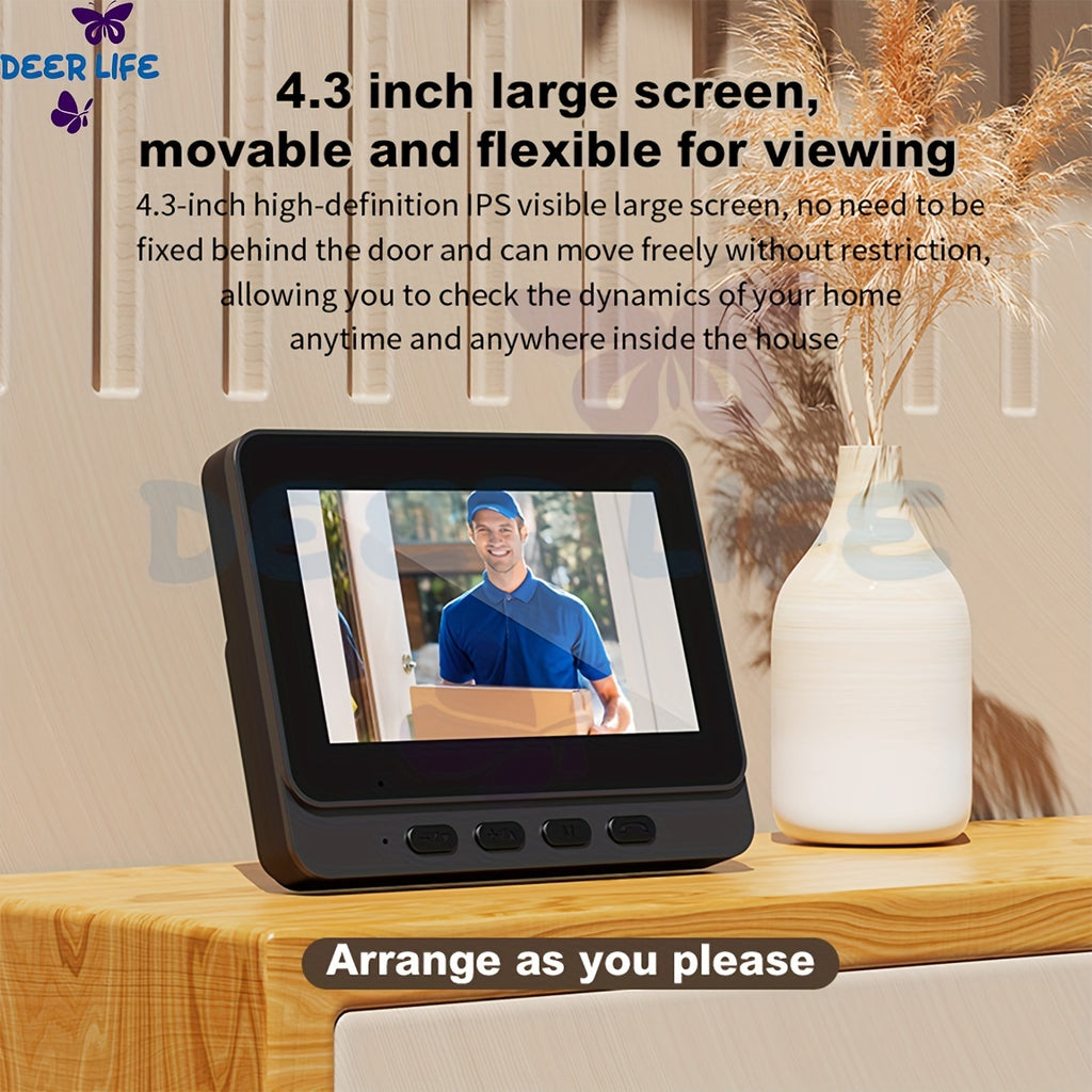 Smart HD WiFi Doorbell, High Quality High-Quality Wireless Camera with Night Vision, Voice Converter, Photos & Videos, 4.3-Inch Screen, 365-Day Standby, Infrared Night Light, Expandable to 128GB Storage, Auto-Recording and Live Call, Home Pet