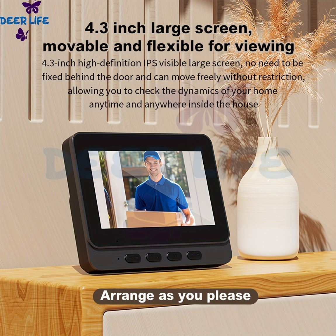 Smart HD WiFi Doorbell, High Quality High-Quality Wireless Camera with Night Vision, Voice Converter, Photos & Videos, 4.3-Inch Screen, 365-Day Standby, Infrared Night Light, Expandable to 128GB Storage, Auto-Recording and Live Call, Home Pet