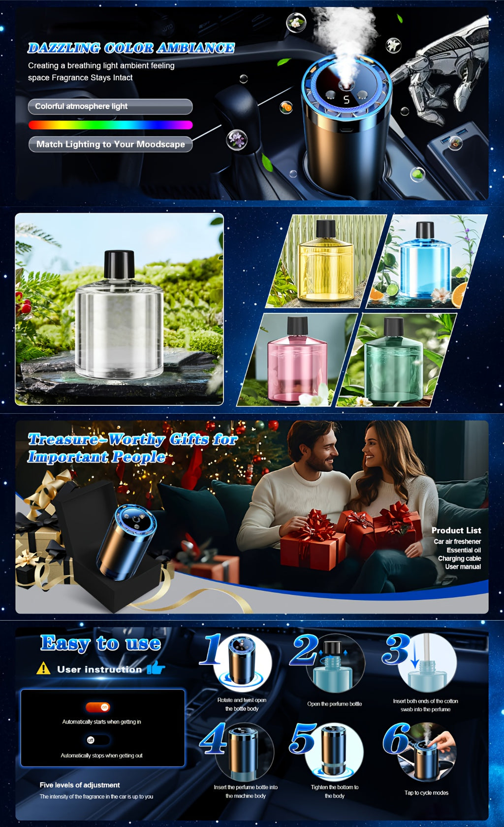Smart Car Aromatherapy Device - Comes with Three 1.69-Ounce Bottles of Ocean-Scented Essential Oil, Adjustable Scent Strength, Eliminates Car Odors, Provides Long-Lasting Freshness, Stylish Car Accessory, Ideal Gift for Car Enthusiasts