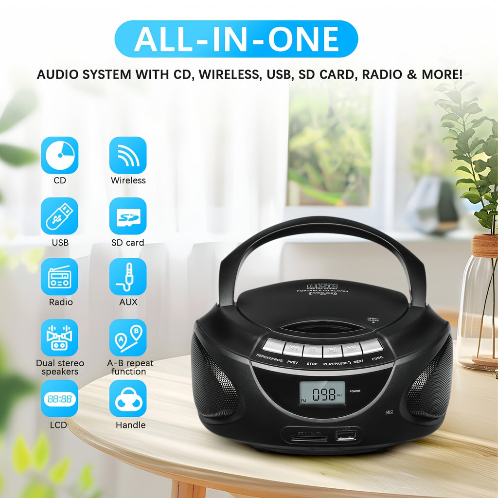 M-AMAZUP Portable CD Player Boombox with Dual Stereo Speakers, AM/FM Radio, Stereo Earphone Jack, Aux Input, USB, TF Card Player, Wireless Speaker, Multi-Functional MP3 Player, A-B Repeat, Plug & Play, 120V, M-AMAZUP