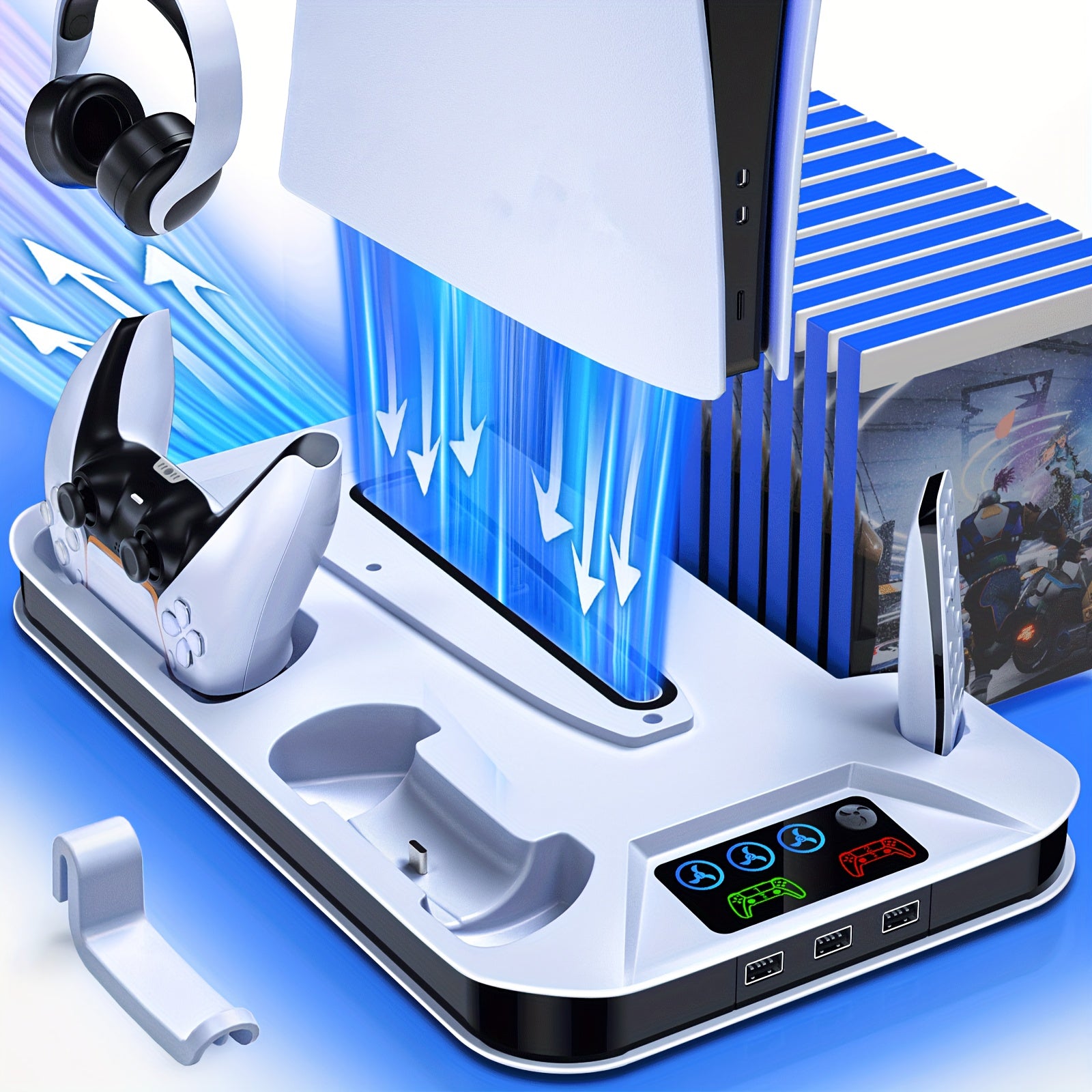 For Ps5/Slim/Pro Cooling Station with Controller Charging Station for Playstation 5 Slim&Standard Disc/Digital Console, for PS5 Slim Stand Cooler Additions Incl Cooling Fan/3 USB Hubs/Headset Holder/Screw