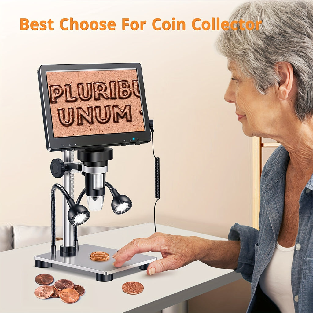 Dm9 7-Inch LCD Digital Microscope 1200X, 1080P Coin Microscope Magnifier, with 10 Adjustable LED Lights, 12MP Super Precise Focus Welding Microscope, Suitable for Adults, Can Connect to A Computer for Viewing, Men's Gift
