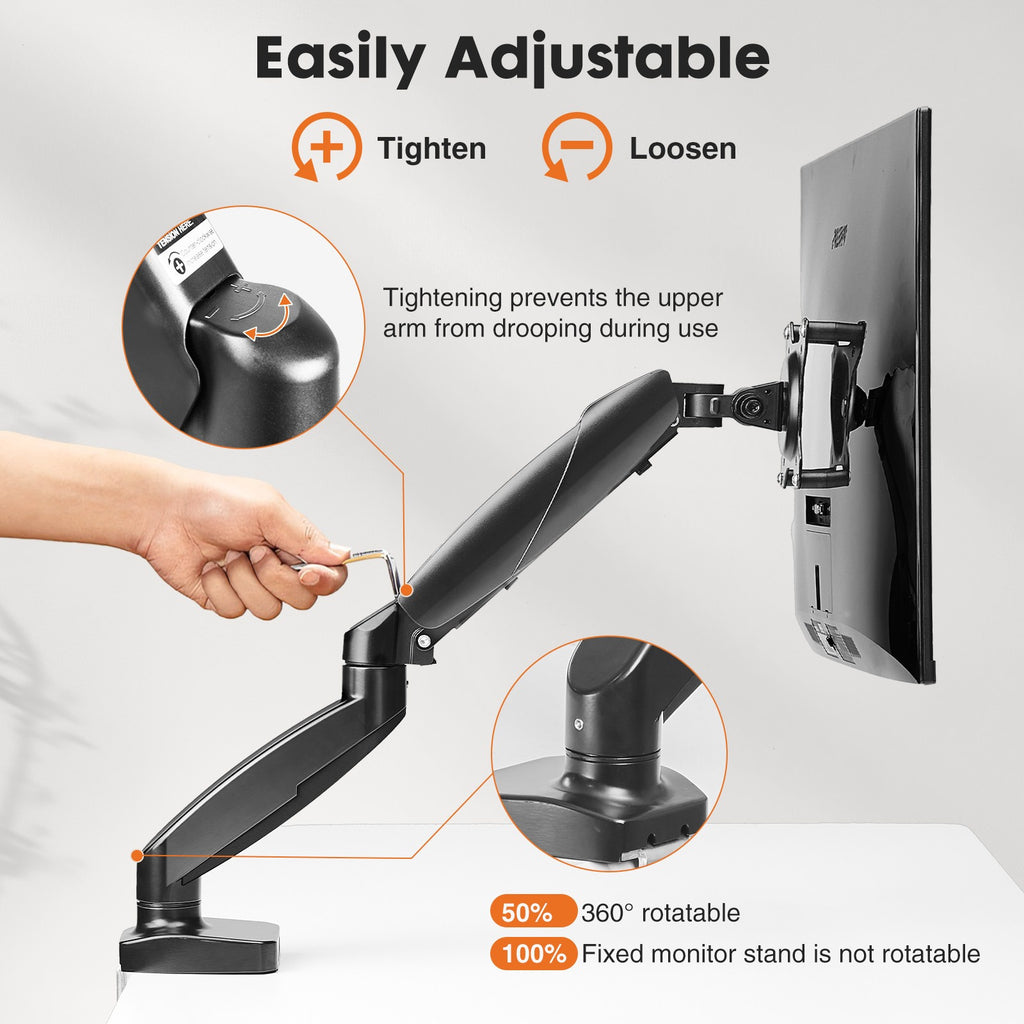 MCQ Ergonomic Single/Dual Monitor Desk Mount with Gas Spring Arm for 13-32 inch Screens, Holds up to 17.6lbs, Adjustable Height and 360 Swivel
