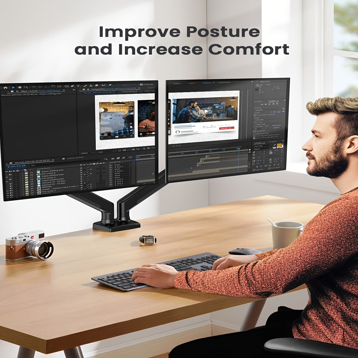 [Dual Monitor Mount] 32 Inches Screen Dual Monitor Mount, Home Kitchen Furniture, Max 22 Lbs Each Arm, Adjustable Dual Monitor Stand, Dual Monitor Arm With 180° Swivel, Tilt, 360° Rotation For Home Office, VESA 75/ 100mm