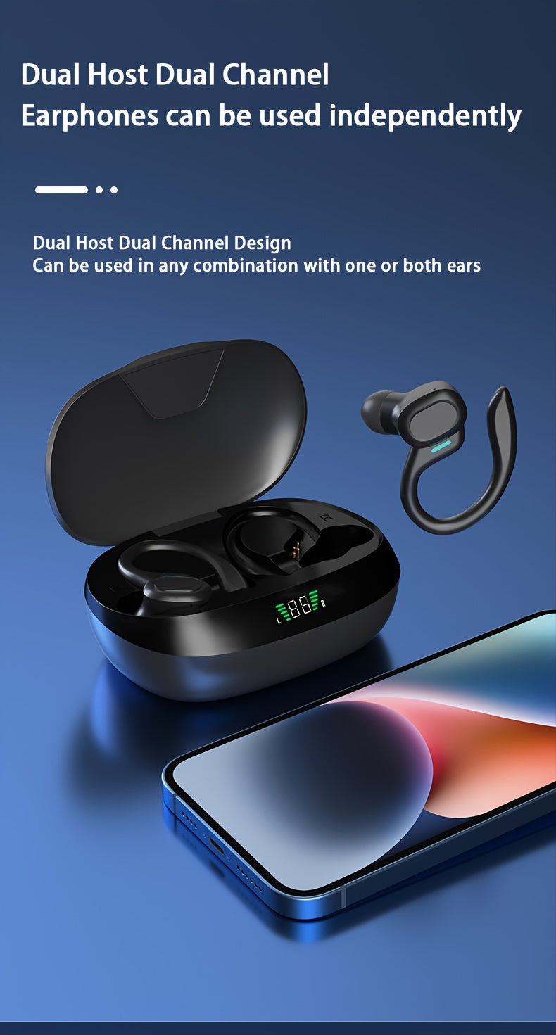 Open-Ear Wireless Earbuds 5.4, Wireless Sports Earphones with Built-In Microphone, Featuring Ear Hooks, 24 Hours of Playback Time, LED Display Charging Case, Suitable for Running And Fitness, in Black
