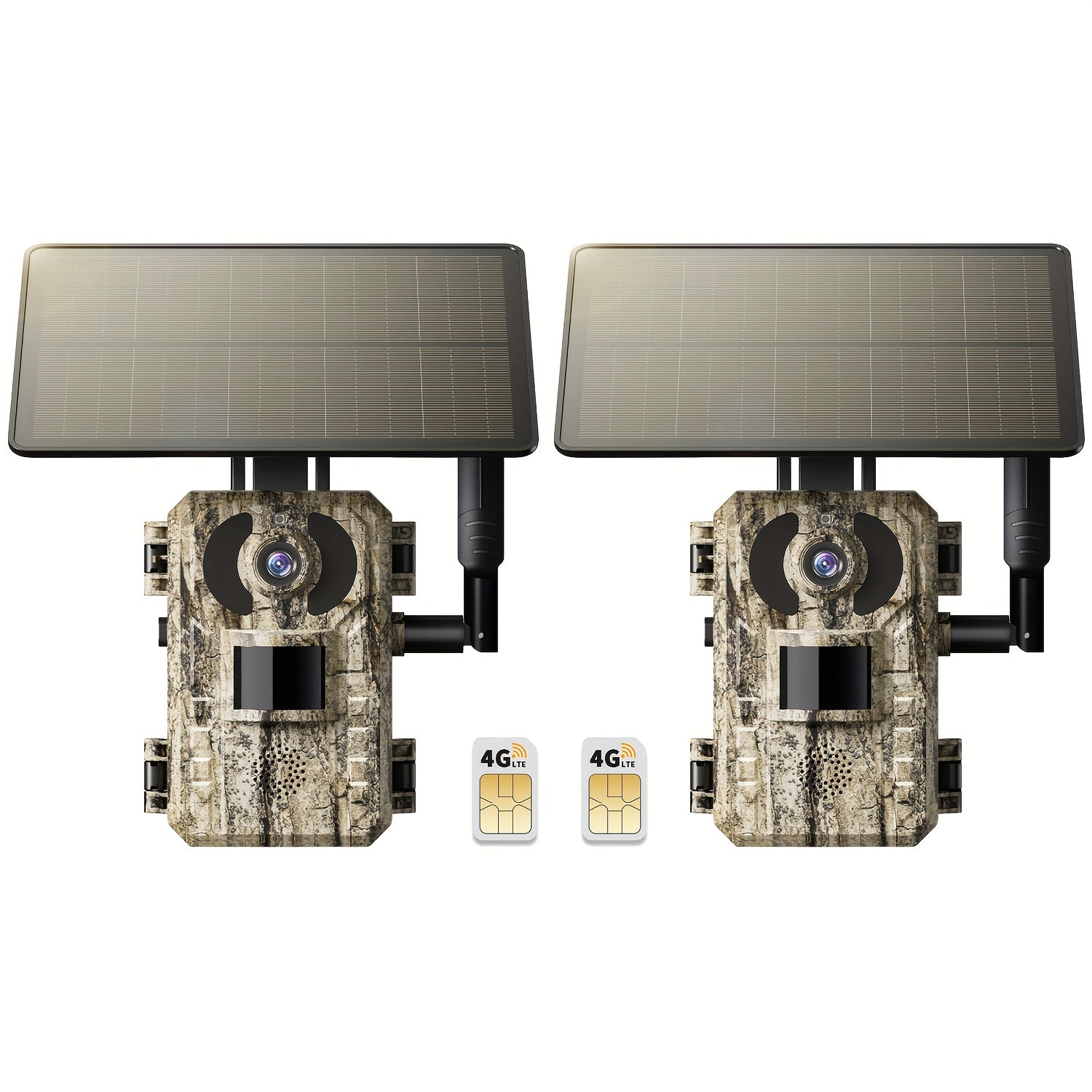 4pcs 4G LTE Cellular Trail Cameras with Ultra-HD Live View, Automatic Night Vision, A Built-in SIM Card, Remote Phone Access, 0.2s Motion Activation, And A Solar Panel for Use In Areas Without WiFi Signals. IP65 Waterproofing Makes Them Ideal for Hunting