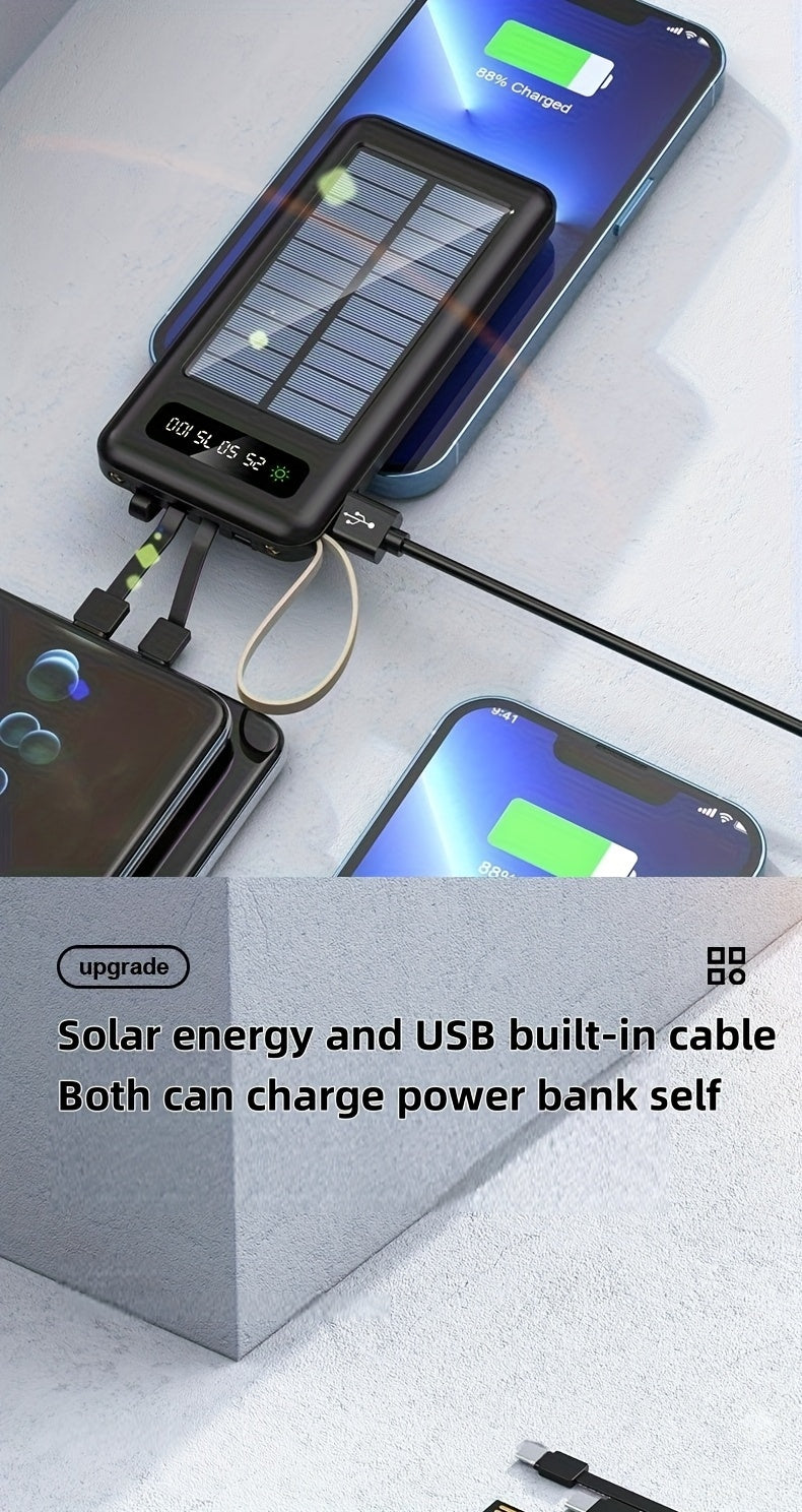 10000/20000/30000mAh 5W Slow Charging/15W Fast Charging Multifunctional Solar Power Bank With Ultra-bright LED Light, Large Capacity Rechargeable Portable Mobile Phone Charger Built-in 4 Cables Digital Display Dual Usb Port USB-C Input