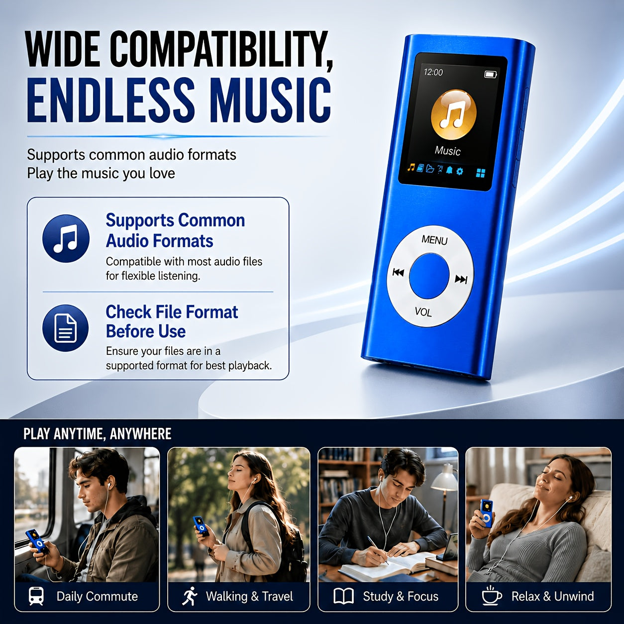 Portable MP3 Player, Stylish Slim 1.8 Inch LCD Music Audio Player with Earphone And Charging Cable, Aluminum Alloy Body, 200mAh Rechargeable Lithium Battery, Supports MP3 WMA FLAC APE, TF Micro SD Card Playback Up to 64GB Card Not Included