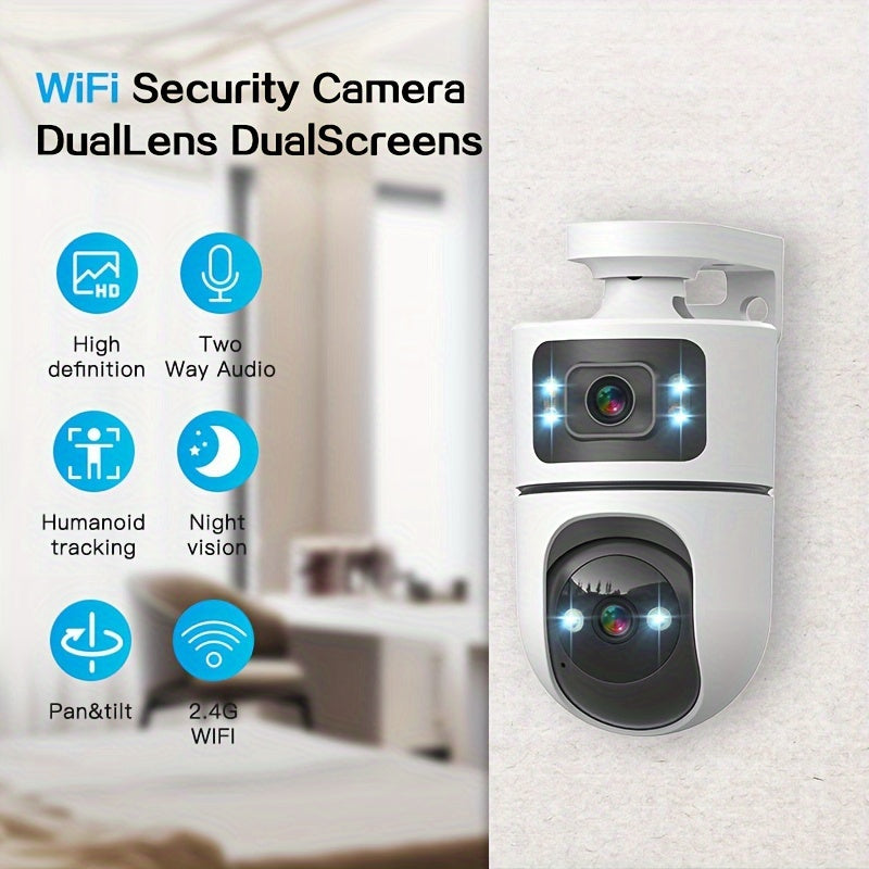 IP66 Dual Lens Wireless IP Camera, PTZ Outdoor Security Cam with 2.4G WiFi, Dual Screen, Auto Tracking, Night Vision, Two-way Audio, Motion Detection for Home Street Safety And Monitor