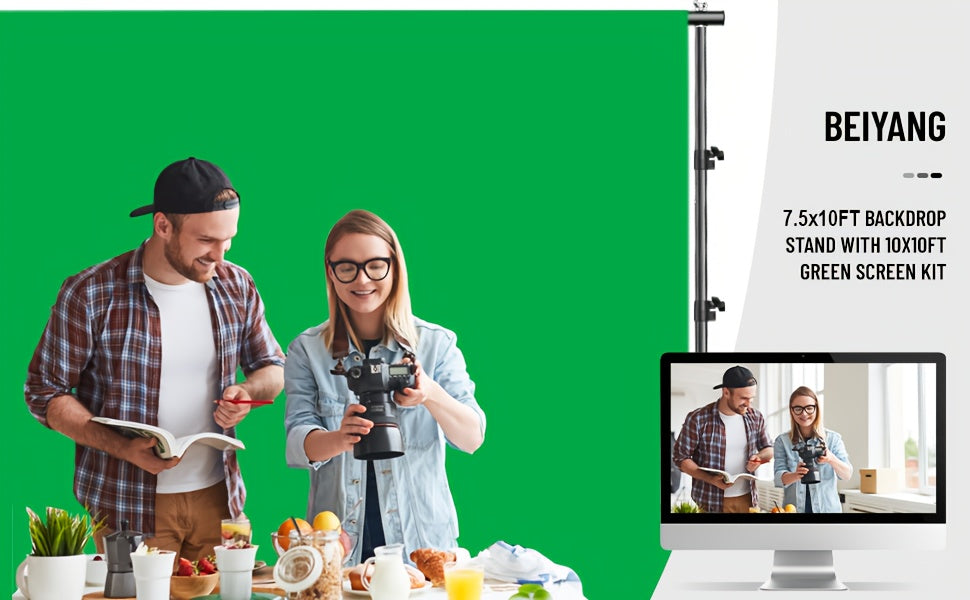 10x10ft Backdrop Green Screen with Stand Kit, 7.5 X 10ft Portable Backdrop Stand Kit with Carrying Bag And 4 Clamps for Photoshoot Portraits Party Video Recording